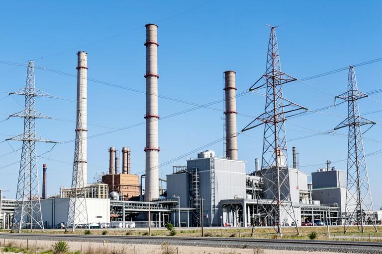 Instalação do setor de energia com edificações industriais e linhas de transmissão.