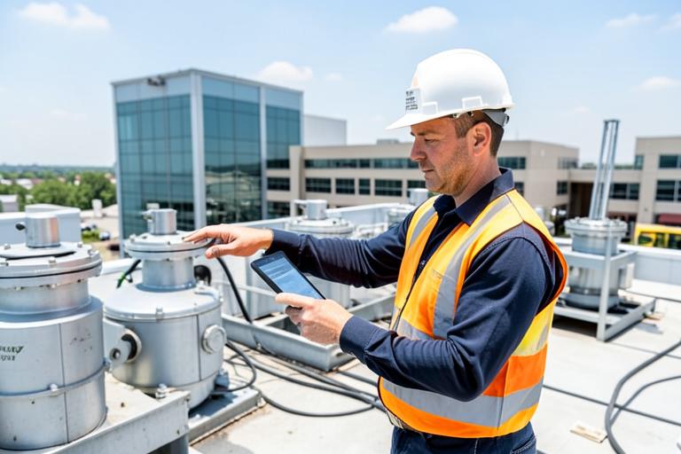 Técnico de facilities inspecionando equipamentos na cobertura de um edifício.