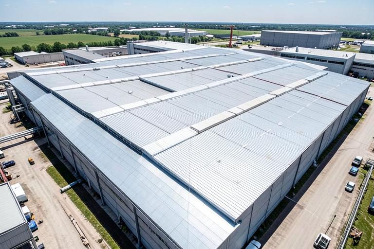 Vista aérea de planta industrial com ampla cobertura metálica.