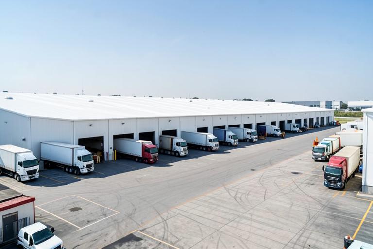 Centro de distribuição logístico com docas de carga e telhado branco extenso.