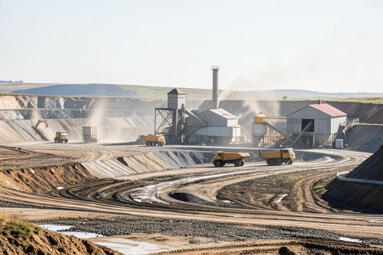 Área de mineração com galpões de processamento e caminhões.